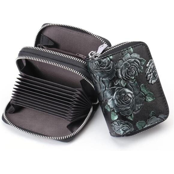Small Genuine Leather Wallet for Women A09 Silver Rose